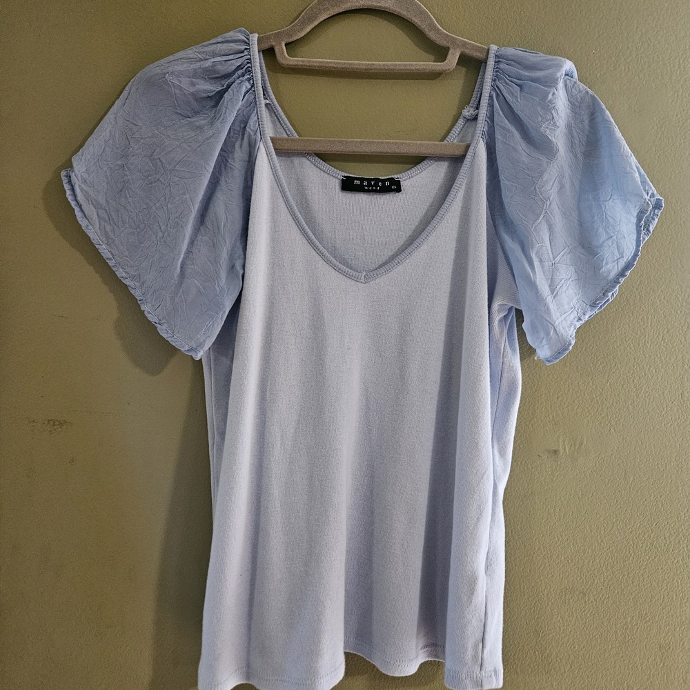 Anthropologie MAVEN WEST Baby Blue Flutter Sleeves Boho V-Neckline Blouse Top XS